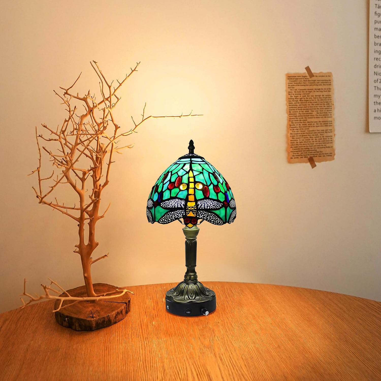 Kiven Cordless Table Lamp,1-Light Dimmable Bedside Lamps for Nightstand with Glass Lampshade, Cordless Tiffany Lamp for Reading Home Decor Bedside TD0938