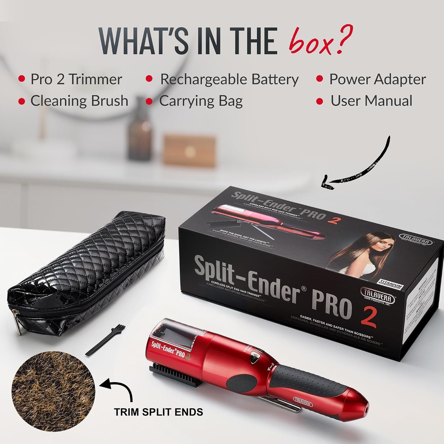 Split-Ender Pro 2 - Original Professional Beauty Tool - Cordless Split End Hair Trimmer for Damaged, Dry, Brittle, Frizzy, Curly or Straight Hair (Red)