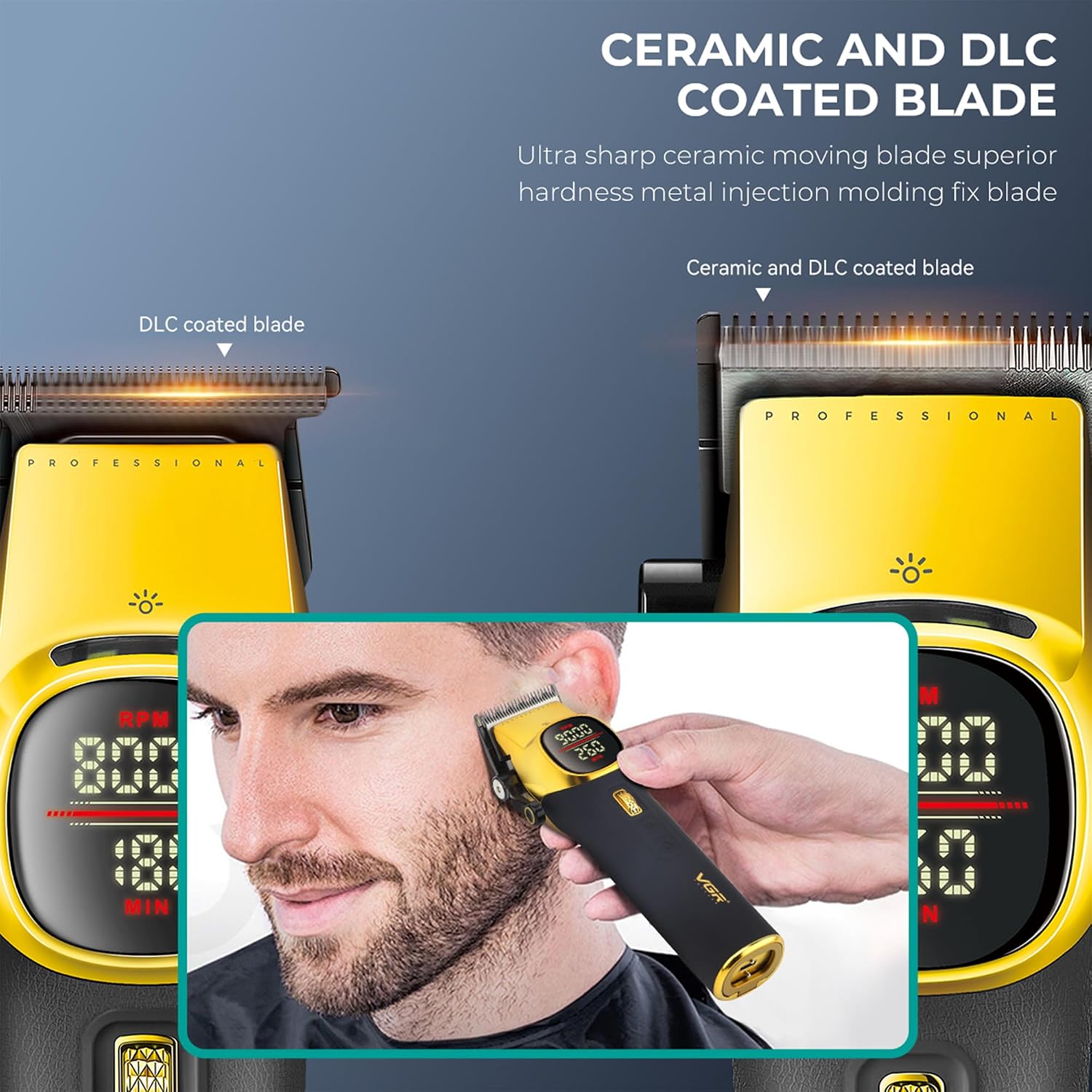 VGR 885 S2 Cordless Barber Clippers and Trimmers Kit, Professional Hair Clippers for Men, Haircut Kit with DLC-Coated Ceramic Blades, 21-Speed Roller, 2 Magnetic Charging Bases, LED Display, Gold