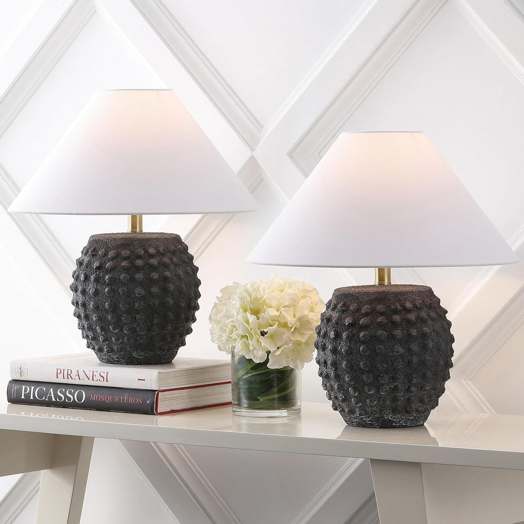 JONATHAN Y 18.25' Matte Black Ceramic Hobnail Table Lamp Set of 2 for Bedroom, Modern Minimalist Farmhouse Bedside Nightstand Lamps, White Linen Shade, LED Bulbs Included JYL5601A-SET2