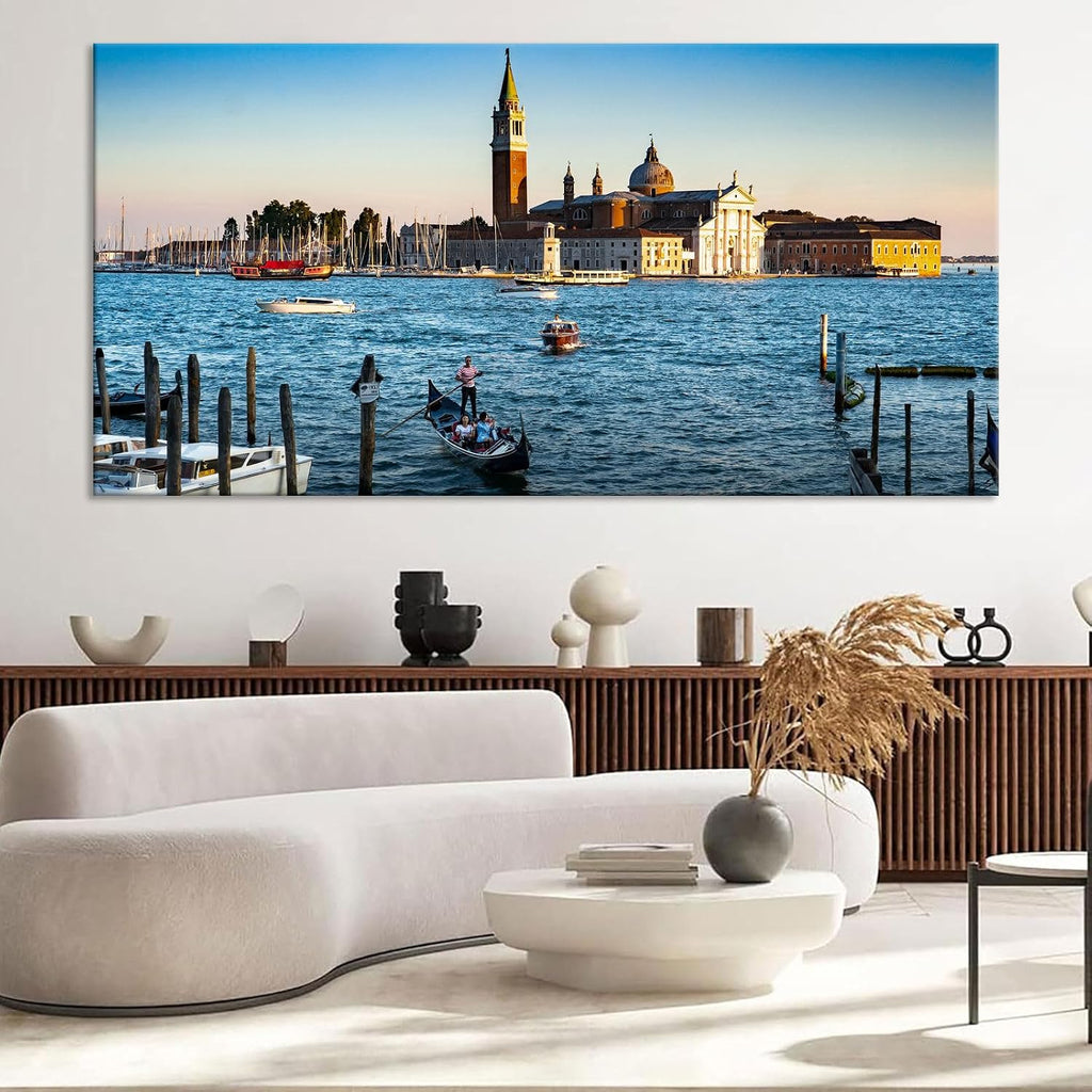 Large Venice Gondola Lagoon Sunset Landscape Wall Art Italian San Giorgio Maggiore Cityscape Canvas Prints Posters European Romantic Travel Relaxing Home Decor Artwork for Bedroom 24x48inch Framed