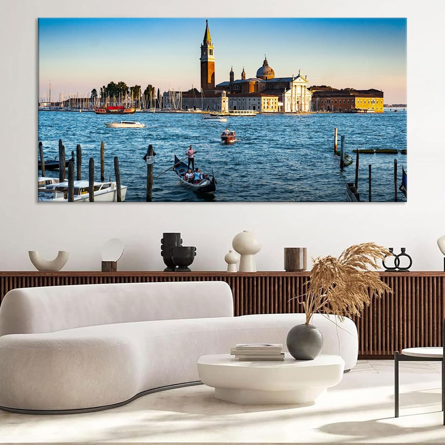 Large Venice Gondola Lagoon Sunset Landscape Wall Art Italian San Giorgio Maggiore Cityscape Canvas Prints Posters European Romantic Travel Relaxing Home Decor Artwork for Bedroom 20x40inch Framed