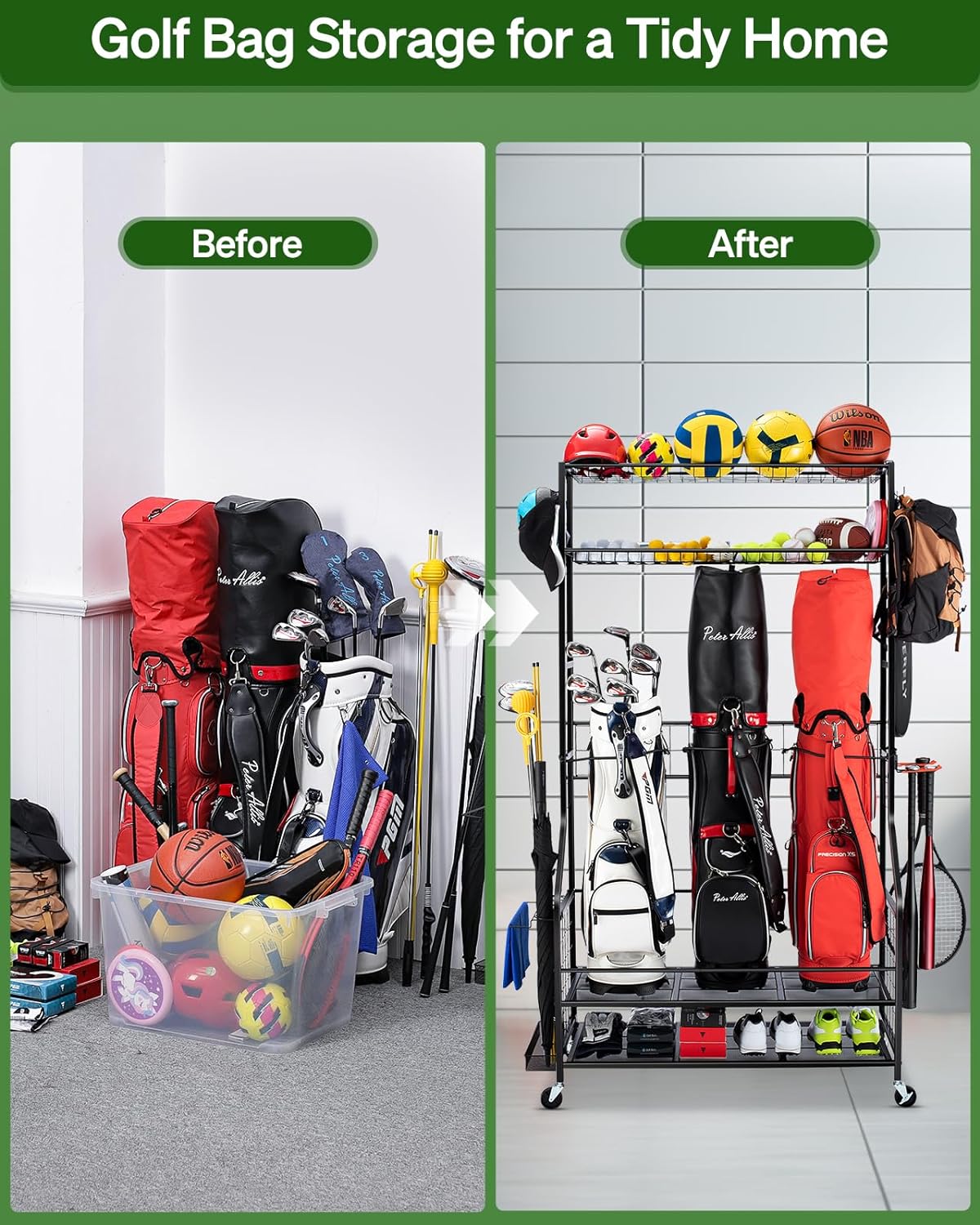 FHXZH Golf Bags Storage Garage Organizer - Stand for Single Golf Bags, Clubs, and Equipment Accessories with Wheels