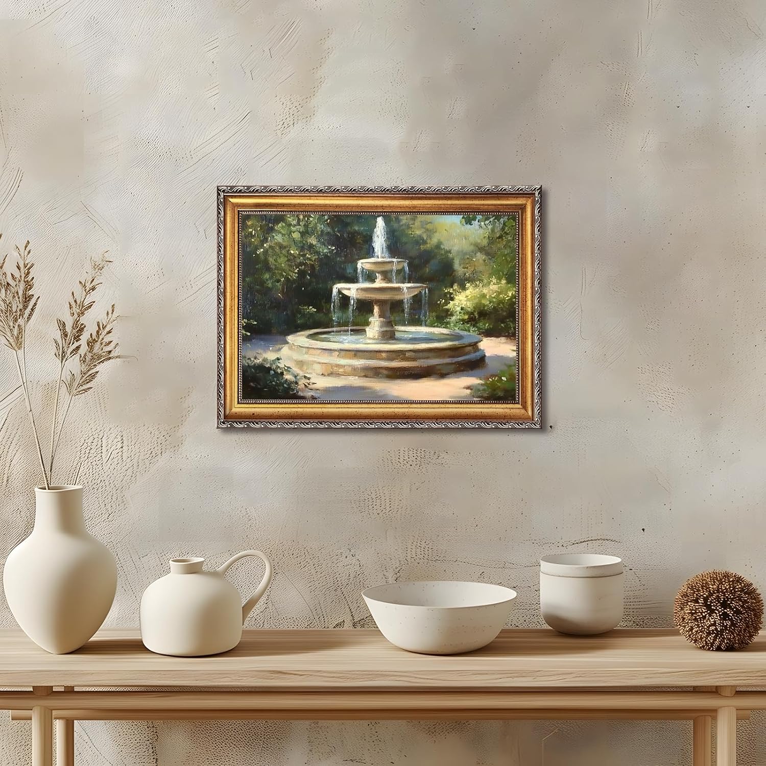 Large Gold Framed Classic Garden Fountain Canvas Poster Vintage Impressionist Landscape Wall Art Retro European Courtyard Outdoor Scenery Painting Prints Artwork for Bedroom Home Decor 24x36inch