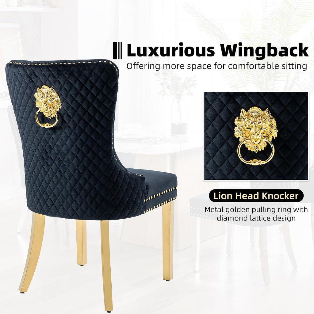 Velvet Dining Chairs Set of 2, Upholstered Dining Room Chairs, Mid-Century Modern Chairs with Diamond Lattice Tufted Back, Lion Pull Ring Rivet Trim, Golden Metal Legs for Kitchen, Black