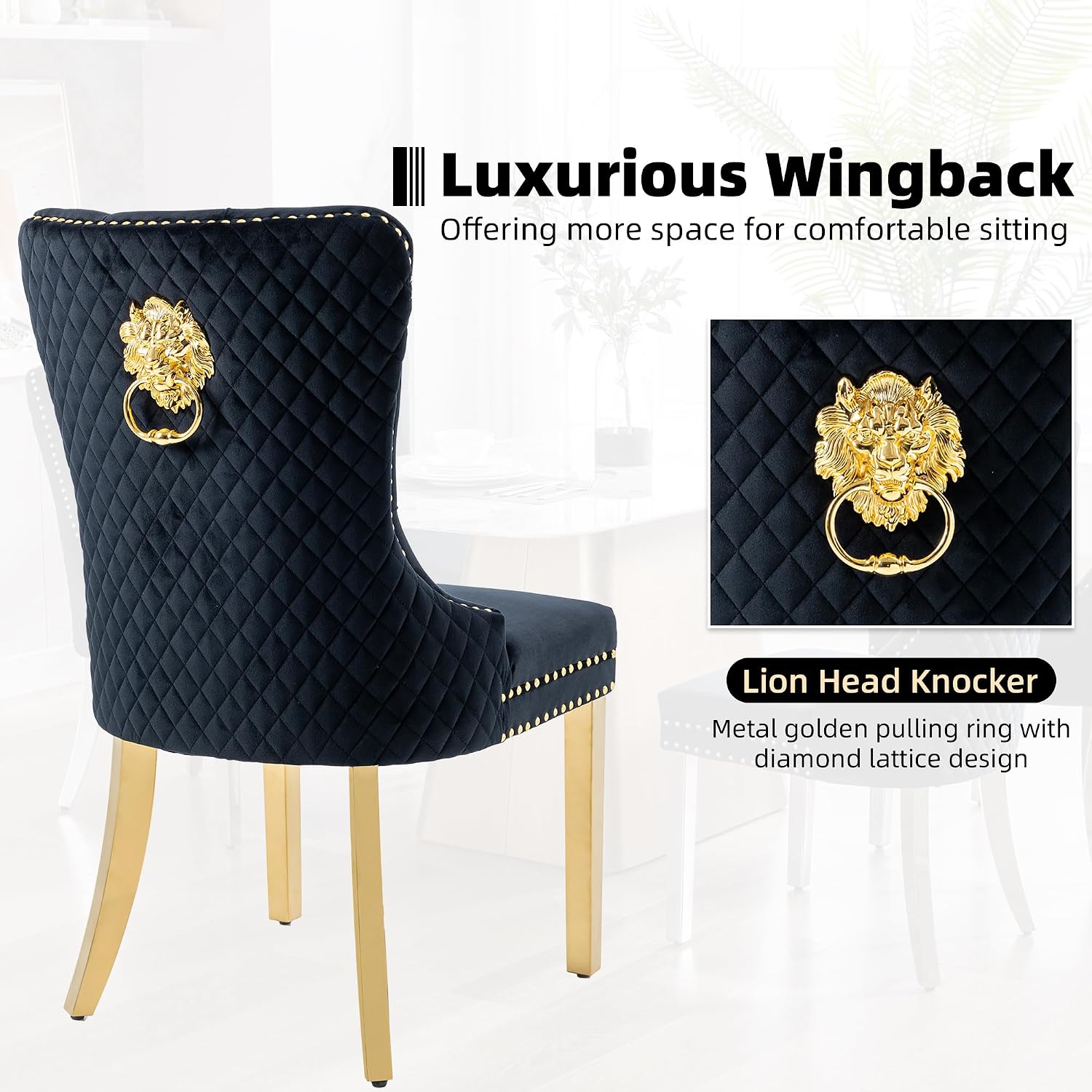 Velvet Dining Chairs Set of 2, Upholstered Dining Room Chairs, Mid-Century Modern Chairs with Diamond Lattice Tufted Back, Lion Pull Ring Rivet Trim, Golden Metal Legs for Kitchen, Black