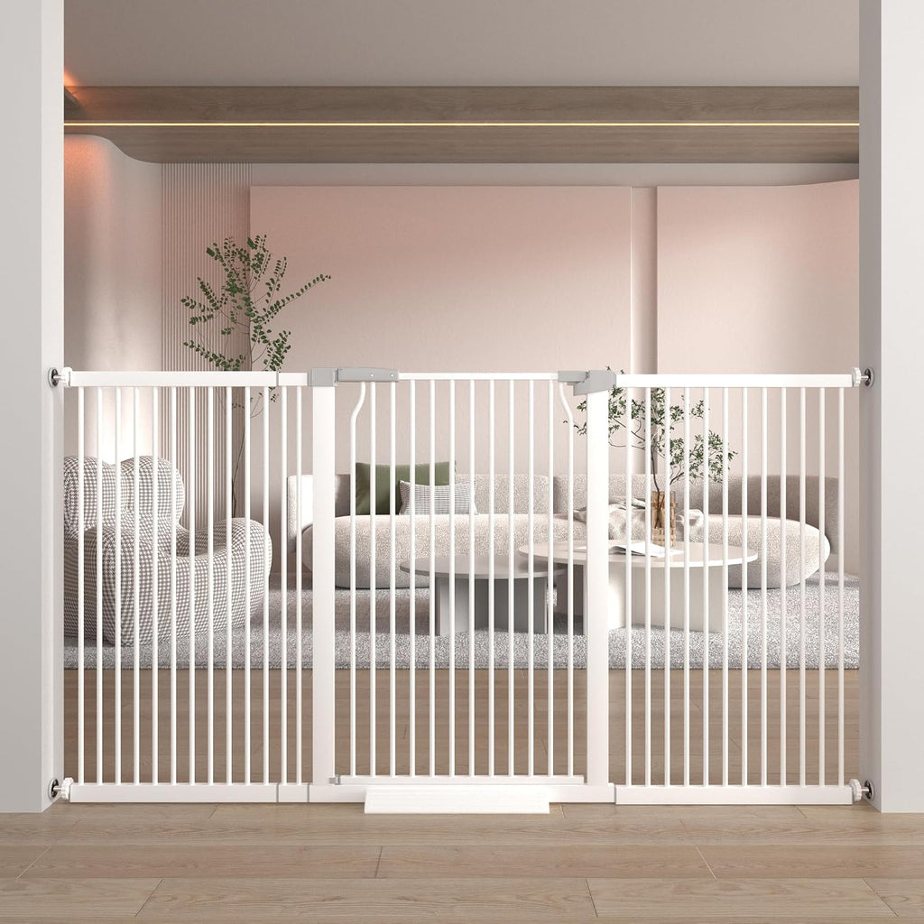 41' Extra Tall Baby Gate for Doorways and Stairs No Drill, Adjustable 72.3-76.7' Auto Close Dog Gate Indoor, Pressure Mounted Walk Through Swing Wide Pet Gate, Tall Cat Gate with Expansion Kit, White