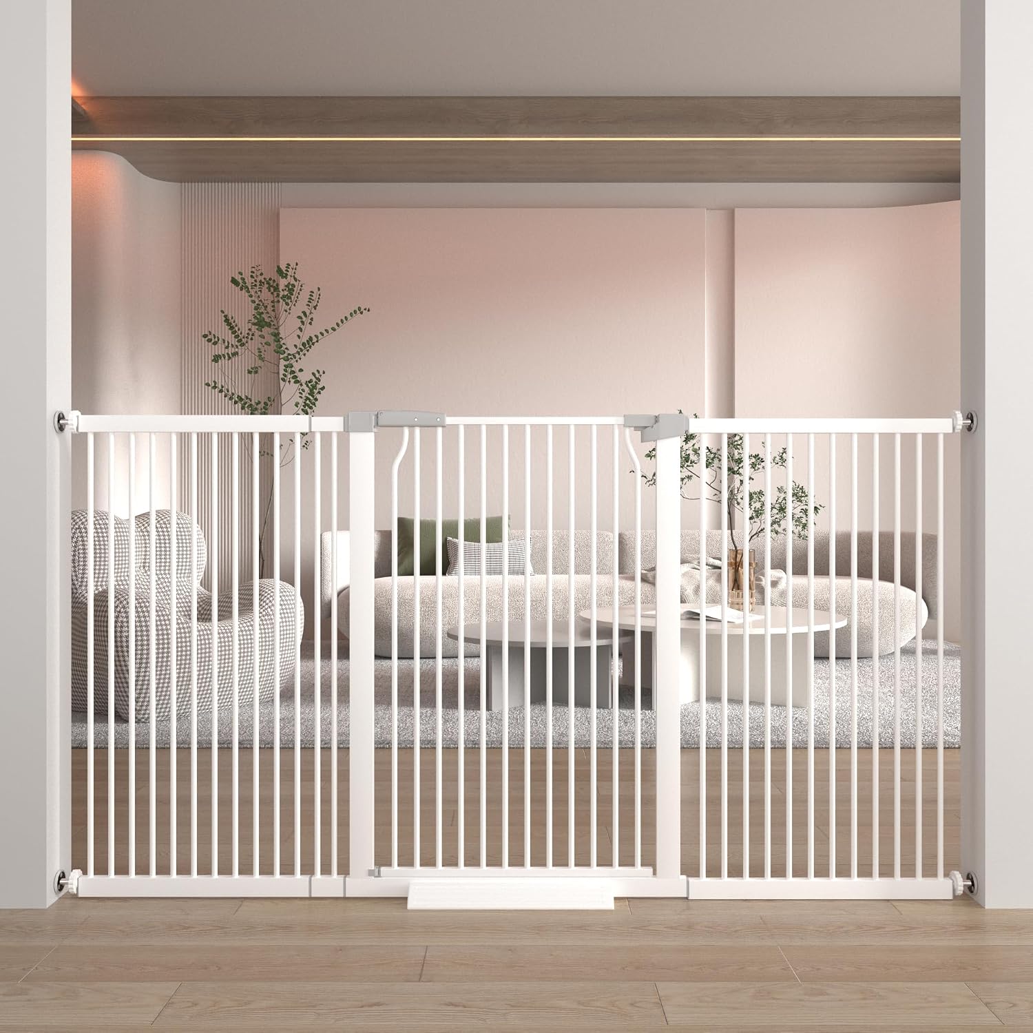 41' Extra Tall Baby Gate for Doorways and Stairs No Drill, Adjustable 72.3-76.7' Auto Close Dog Gate Indoor, Pressure Mounted Walk Through Swing Wide Pet Gate, Tall Cat Gate with Expansion Kit, White