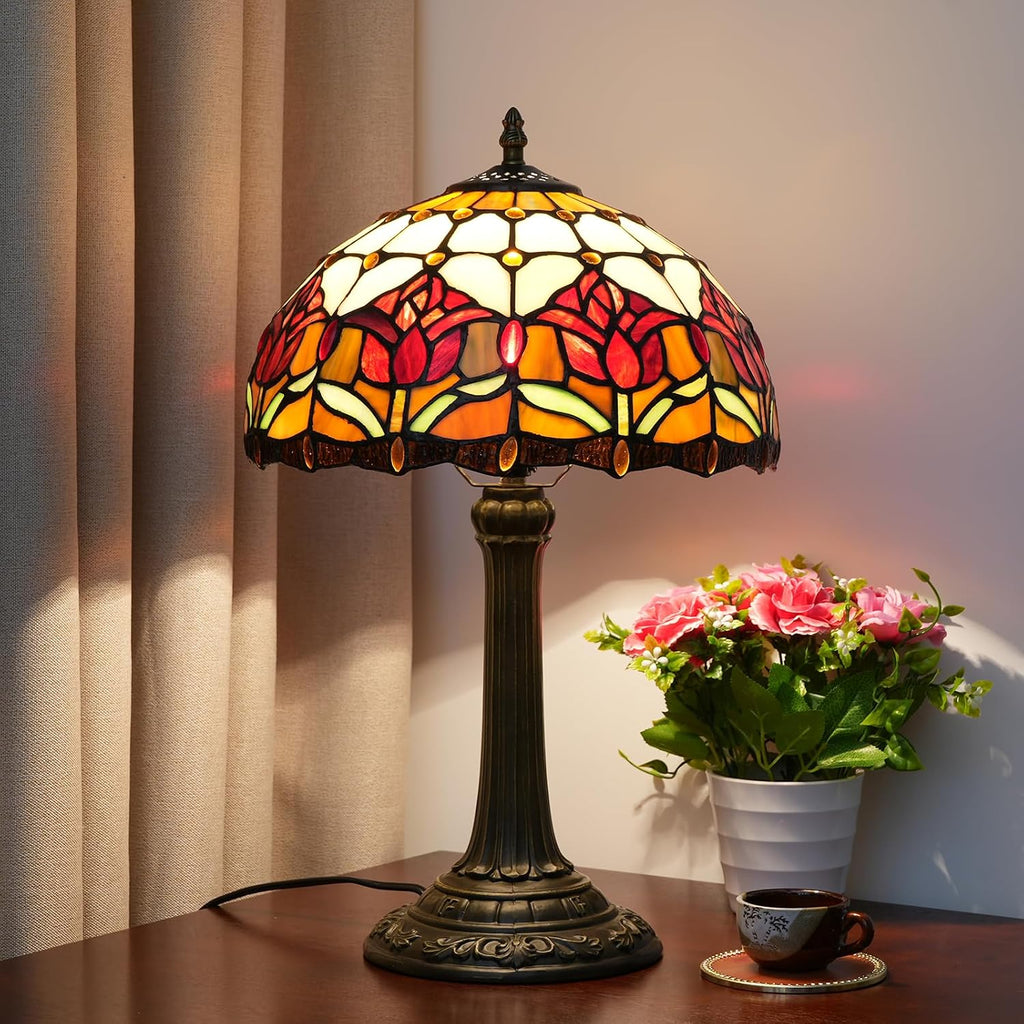 Red Tulip Tiffany Style Stained Glass Table Lamp Bed Room Bedside Reading Desk Light for Living Office Dormitory Bar Retro Unique Cute Accent Decor Cottage 12' Village Gift Nightstand Lamps