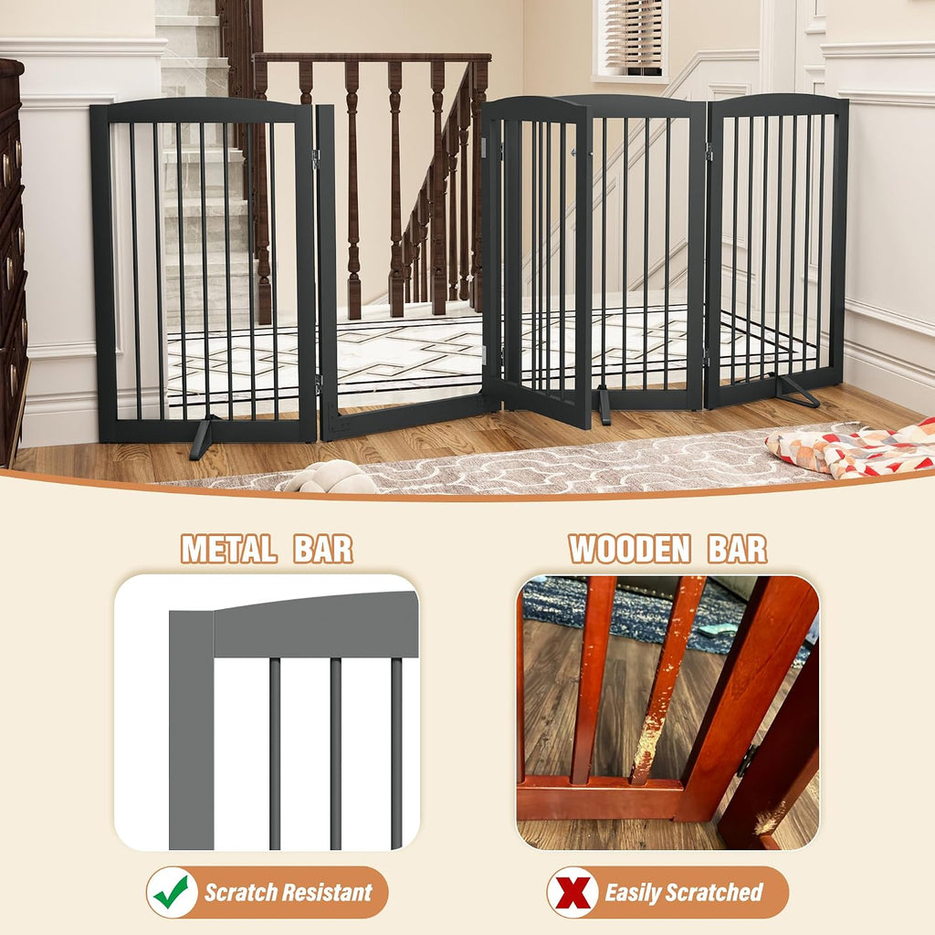 PUPETPO Freestanding Dog Gates with Door Walk Through, Pet Gate for Stairs, 80 inch Wide Gates Indoor, Dog Fences Indoor, Support Feet Included, 4 Panels, 32' Tall, Grey