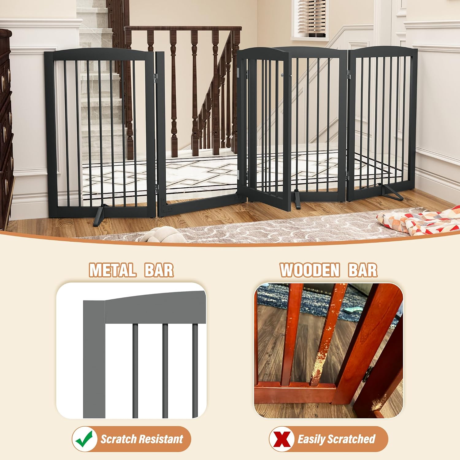 PUPETPO Freestanding Dog Gates with Door Walk Through, Pet Gate for Stairs, 80 inch Wide Gates Indoor, Dog Fences Indoor, Support Feet Included, 4 Panels, 32' Tall, Grey