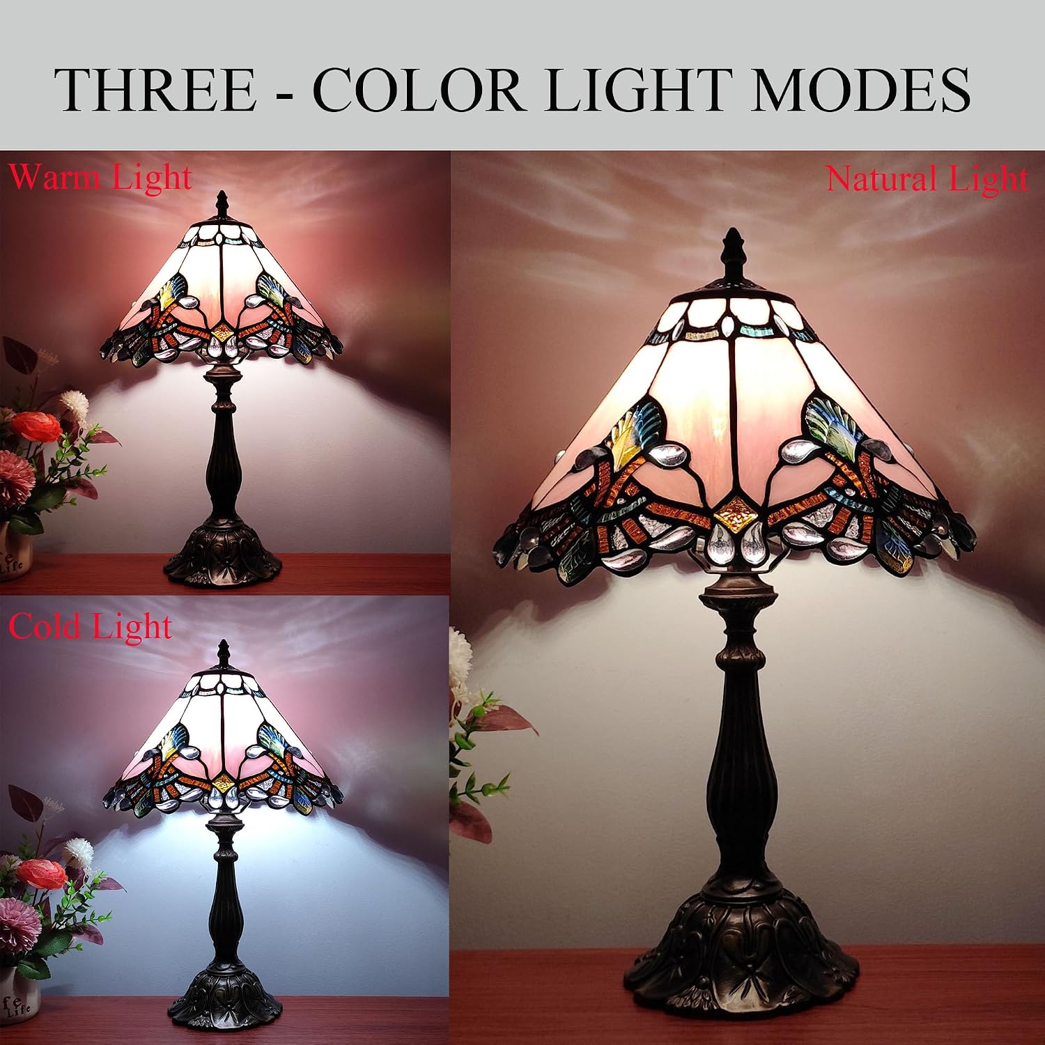 Tiffany Lamp Stained Glass Lamp 3 -Way Tiffany Style Antique Lamp Vintage Pink Baroque Style Bedside Table Light for Home Office (Included 3 Colors LED Bulb)