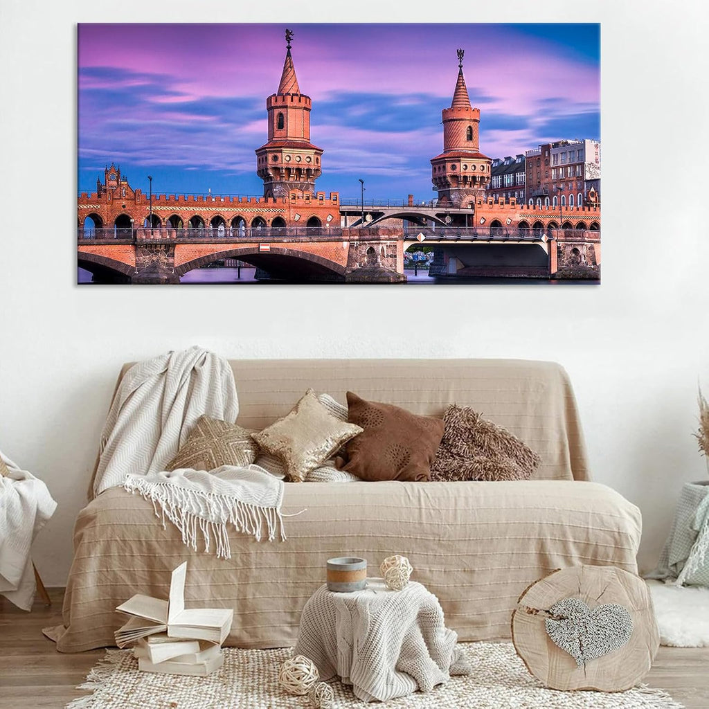 Magical Berlin Sky Poster European Bridge Twilight Decor German Brick Architecture Wall Art Romantic Berlin Bridge Canvas Vintage Medieval Print Living Room Apartment Picture 20x40inch Framed