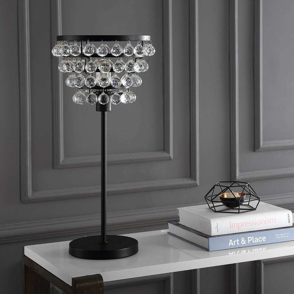 JONATHAN Y 25' Bronze Table Lamp, Modern Industrial Chandelier Style Light, Clear Crystal Beads, Glam Bedside Nightstand Lamp for Bedroom Living Room, LED Bulb Included JYL9004A