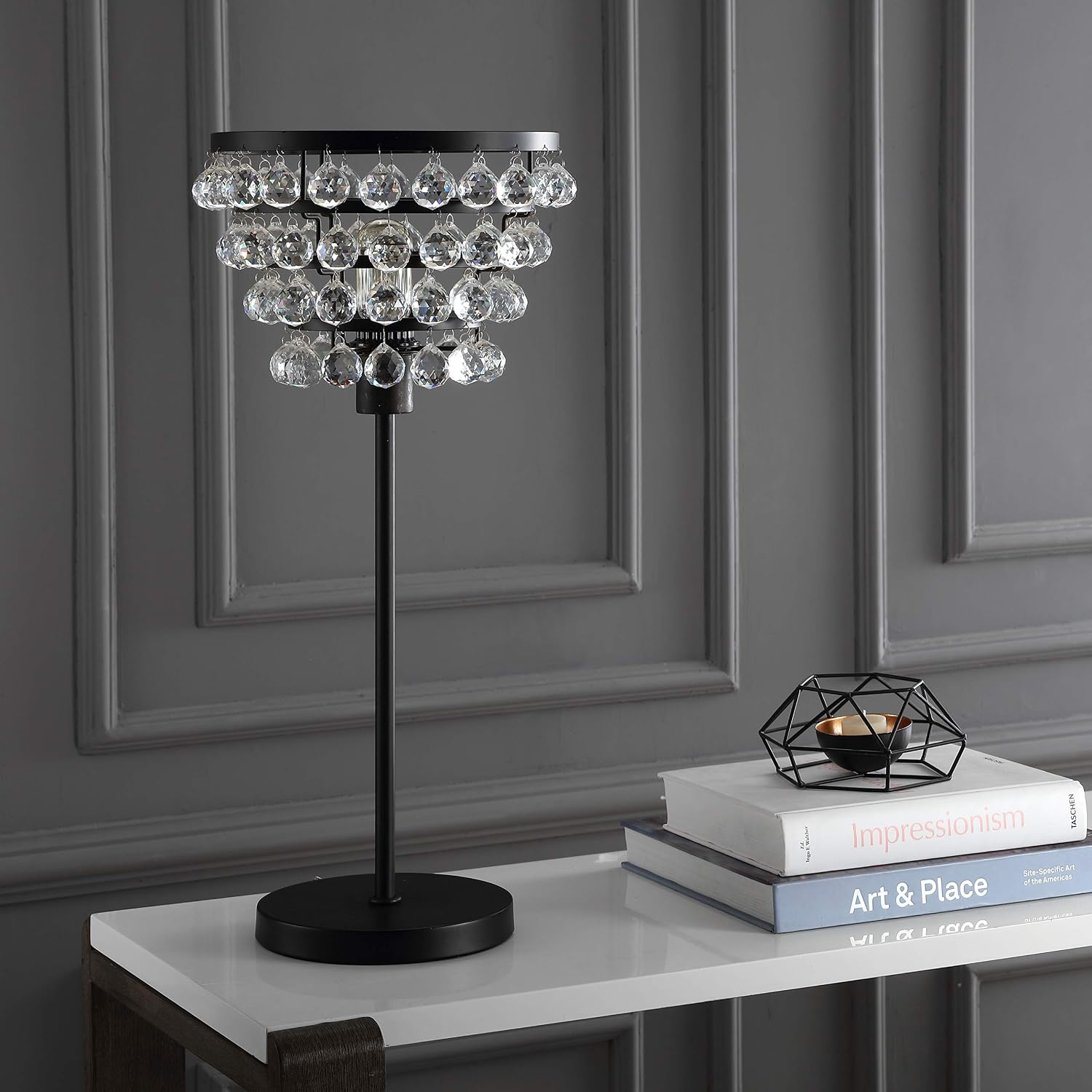 JONATHAN Y 25' Bronze Table Lamp, Modern Industrial Chandelier Style Light, Clear Crystal Beads, Glam Bedside Nightstand Lamp for Bedroom Living Room, LED Bulb Included JYL9004A