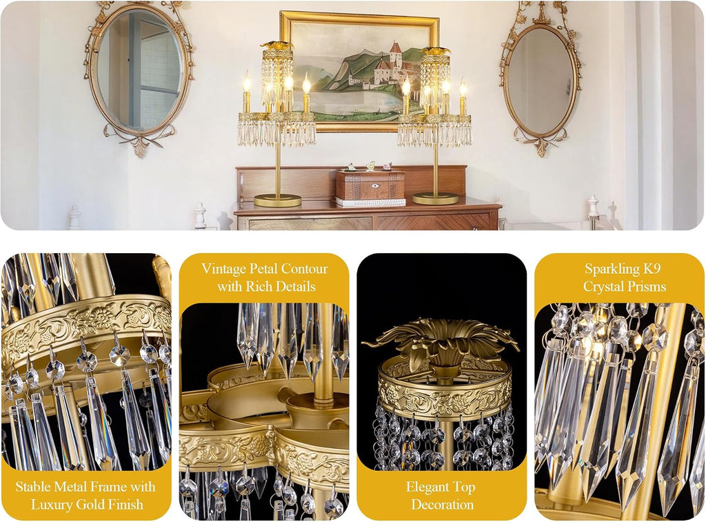 TOCHIC 4 Lights Chandelier Table Lamps for Living Room, 26' Tall Bar Top Crystal Bedside Candelabra Table Lamp Gold Modern Farmhouse Desk Lamps for Night Stands Bedroom Kids Room Entryway Home Office