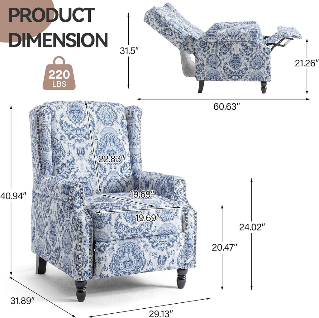 Pushback Recliner Chair, Floral Fabric Wingback Recliner Chair, Upholstered Rivet Trim Armchair Push Back Recliner Accent Chair for Small Spaces, Living Room, Navy