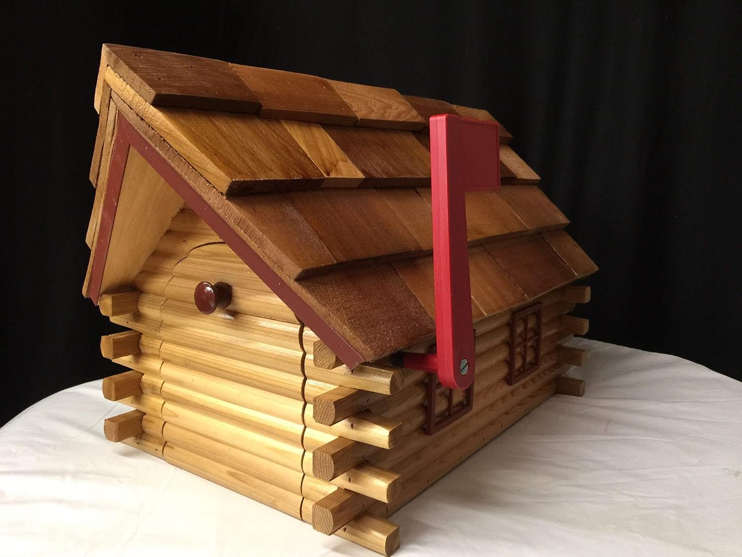 Amish Handmade Handcrafted Rural Mailbox w Flag Wood Roof Log Cabin Red