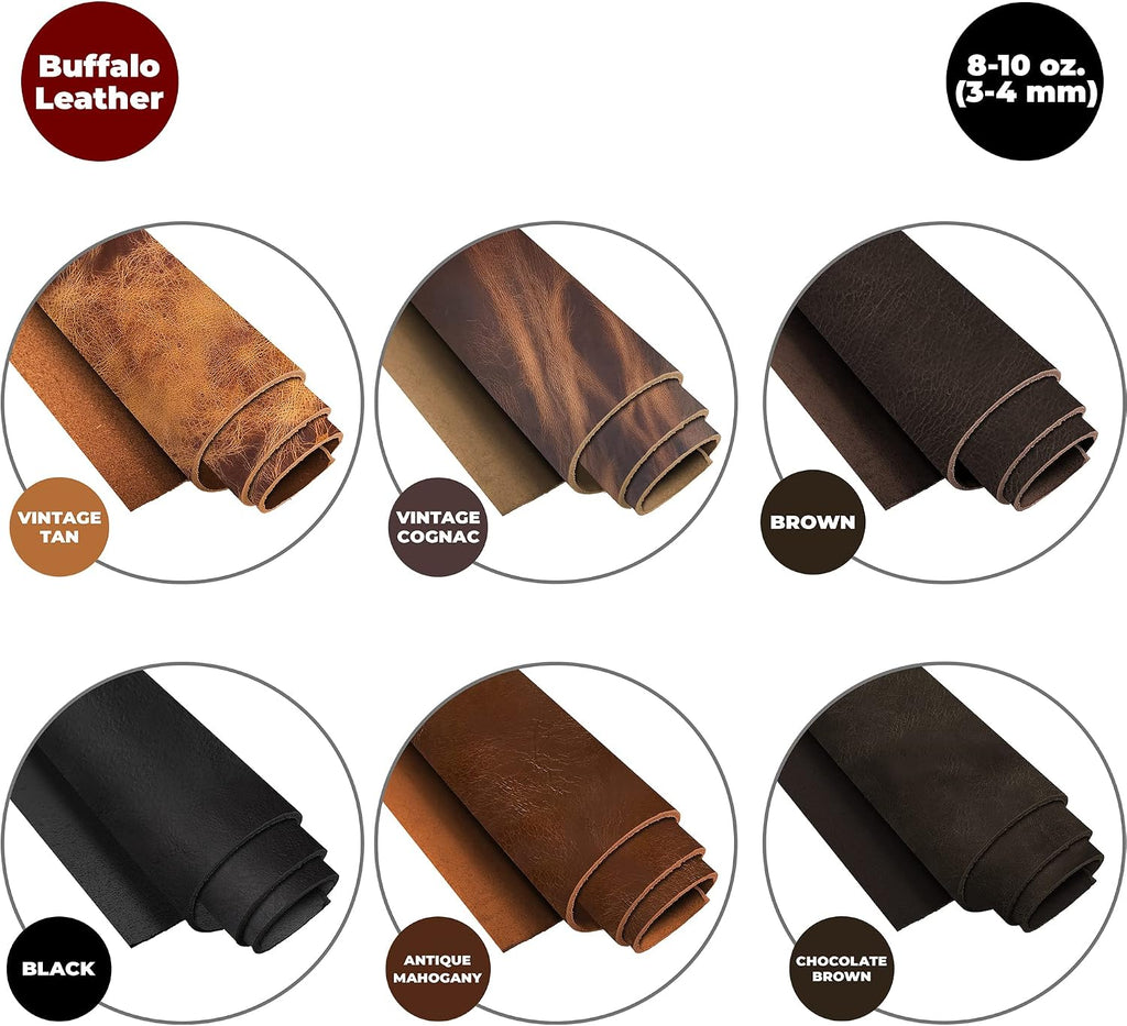 European Leather Work Buffalo Hide 8-10 oz (3-4mm) | Pre-Cut Size: 2 PCS 2.5-4 SQ FT | Vintage Tan - Full Grain Leather for Tooling, Stamping, Molding, Engraving