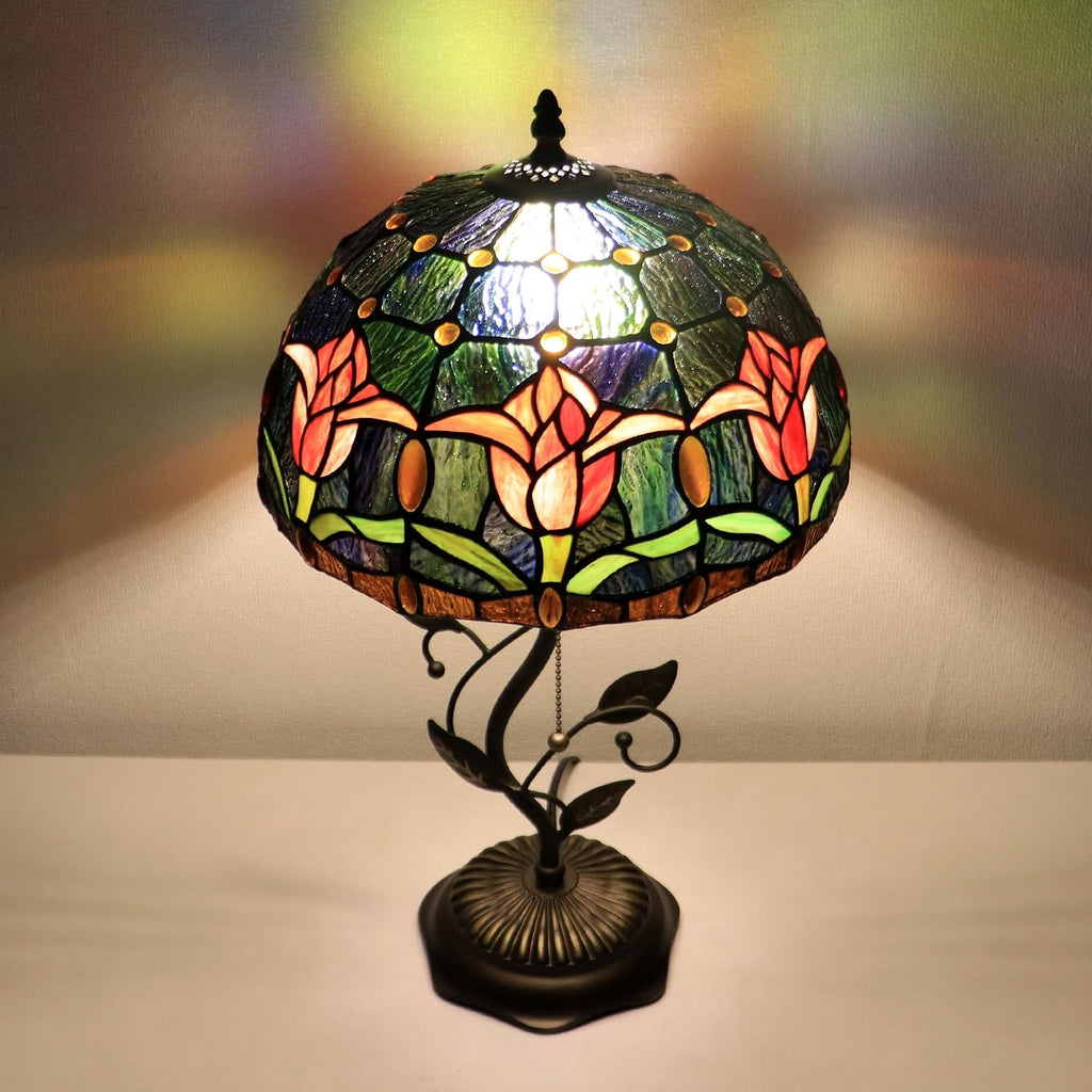 Tiffany Lamp Red Tulip Style Stained Glass Table Lamp Desk Bedside Reading Light 12X12X19 Inches with Metal Leaf Base