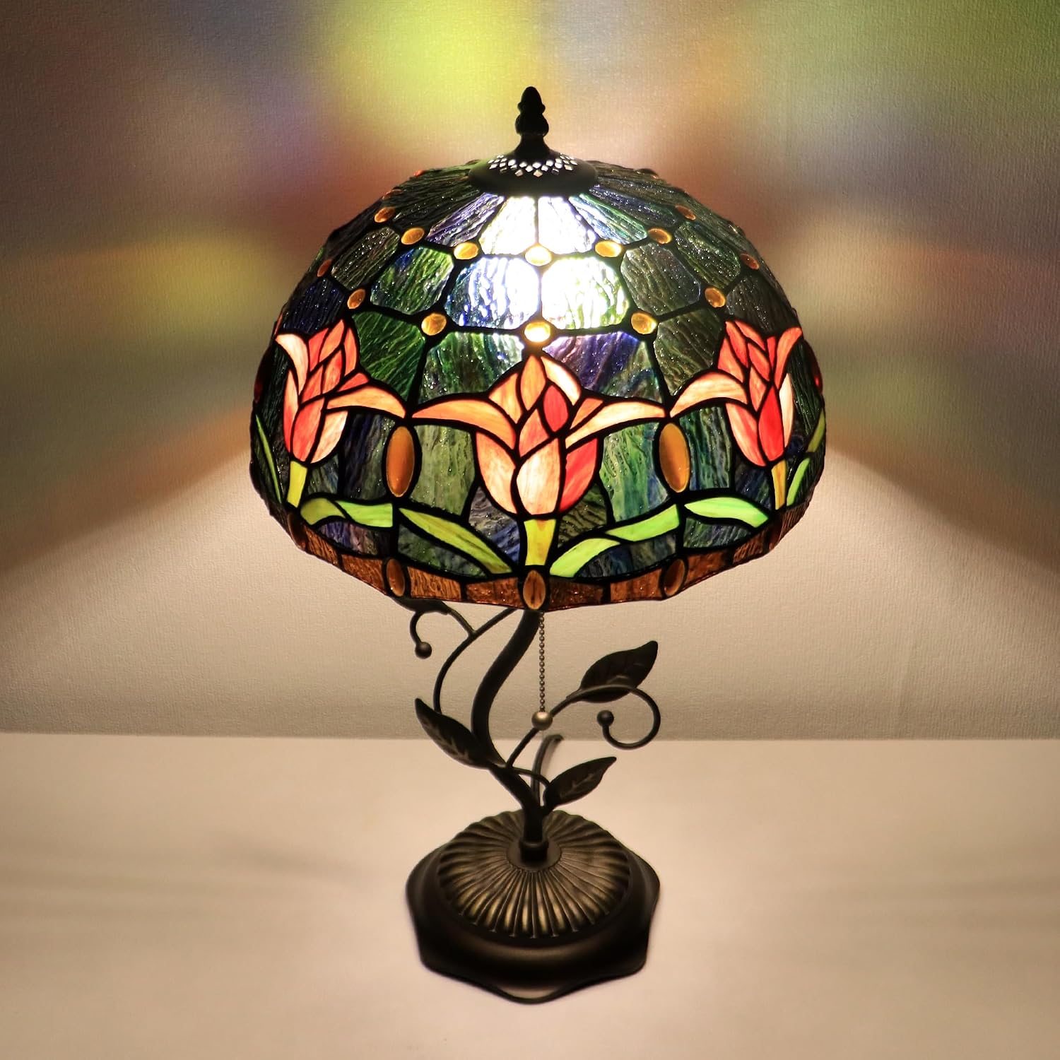 Tiffany Lamp Red Tulip Style Stained Glass Table Lamp Desk Bedside Reading Light 12X12X19 Inches with Metal Leaf Base