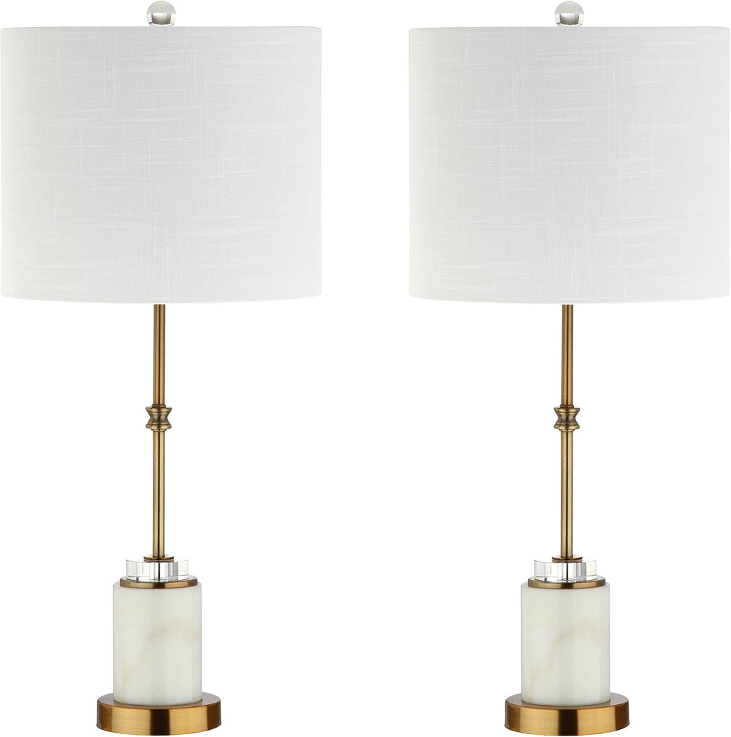 JONATHAN Y 27' Marble and Brass Gold Table Lamp Set of 2, Modern Glam Crystal Column Lamp with White Linen Drum Shade for Living Room Bedroom, LED Bulbs Included JYL5003A-SET2