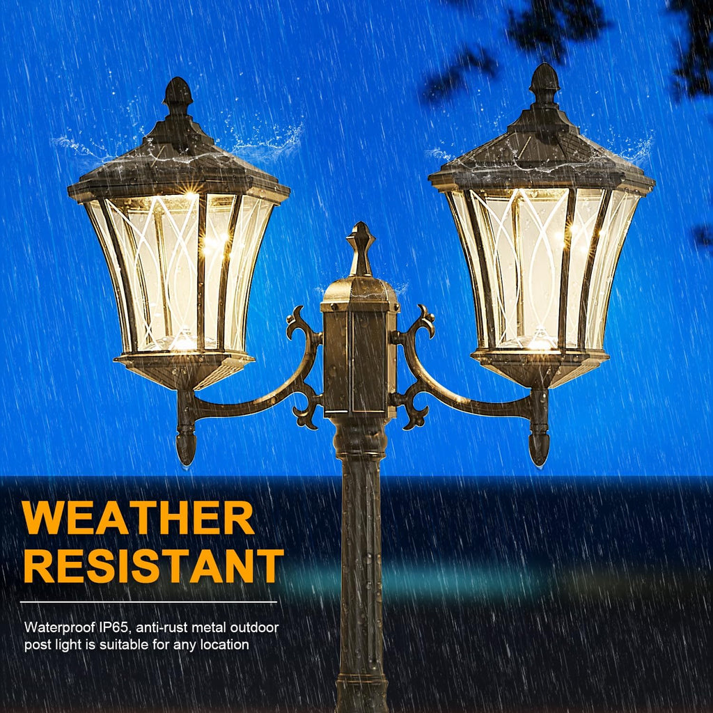 2-Head Outdoor Solar Lamp Post Lights with Waterproof, Dusk to Dawn Sensor Large Lantern Street Lights, Modern Solar Column Pole Light Fixtures for Outside, Garden, Driveway, Backyard, Black