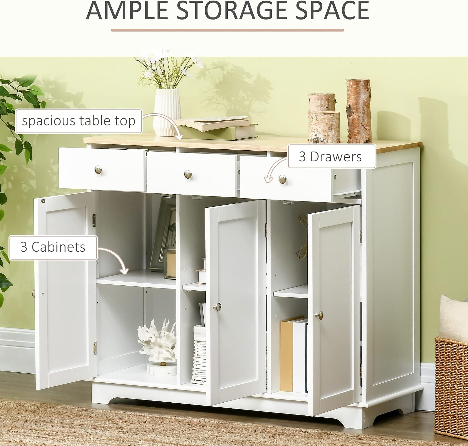 HOMCOM Sideboard Buffet Cabinet with Solid Wood Countertop, Modern Kitchen Storage Cabinet, Coffee Bar Cabinet with 3 Drawers, Doors and Adjustable Shelf, White