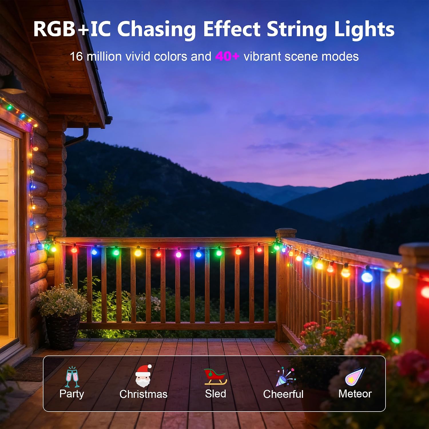 Outdoor String Lights,200FT Smart RGB+IC Patio Lights with Shatterproof LED Bulbs,Outside Light Dimmable Patio for Decor DIY IP67 Waterproof,Courtyard, Garden,Holiday,LED Lights More Scene Modes