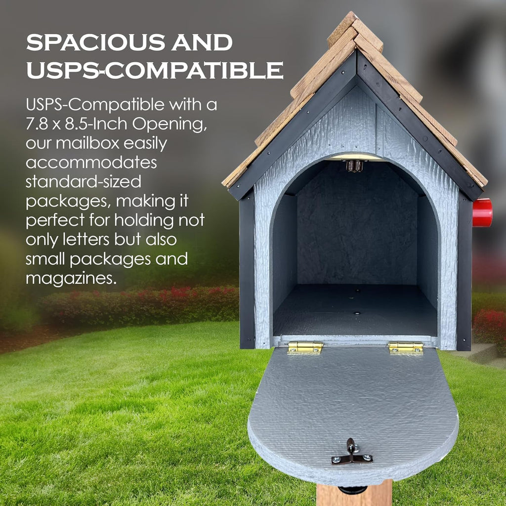 Peaceful Classics Amish Cedar Roof Wooden Mailbox with Window & Door Trim, Handcrafted Mailboxes for Outside, Post Mount Residential Mailboxes - (Country Blue & White, Wood)