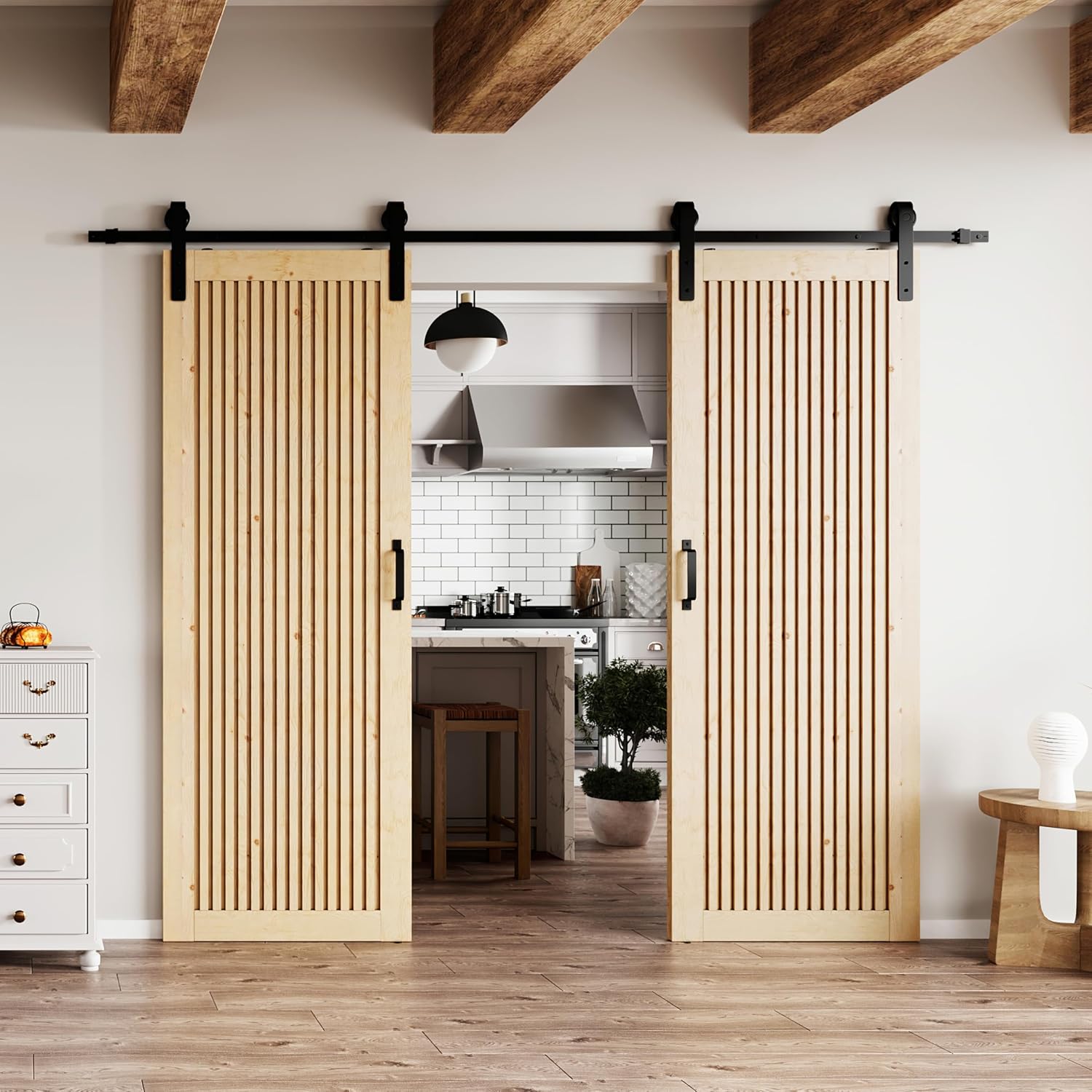 BARNER HOME 30in x 84in Pine Wood Barn Door, 1-lite Decorative Sliding Door with Hardware Kit Included, Pre-Drilled Easy to Assemble, DIY Unfinished Solid Core Single Door, Natural