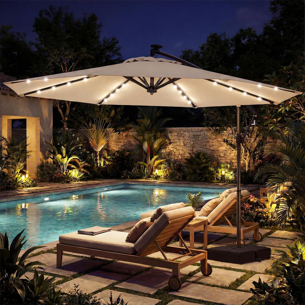 Tangkula 10ft Solar Patio Umbrella with Base Included, Offset Cantilever Outdoor Umbrella with 32 LED Lights, 360 Degree Rotation, Crank Handle for Pool Deck Garden Backyard (Beige)