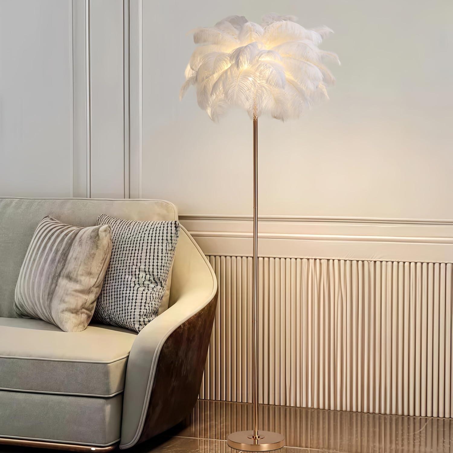 ZYLEISENBAO Chic White Feather Lamp Nordic Ostrich Floor Lamp Girl Furry Standing Lamp 3*G9 Modern Princess Bedside Reading Lamp for Bedroom Living Room Entry Wedding Birthday Gift