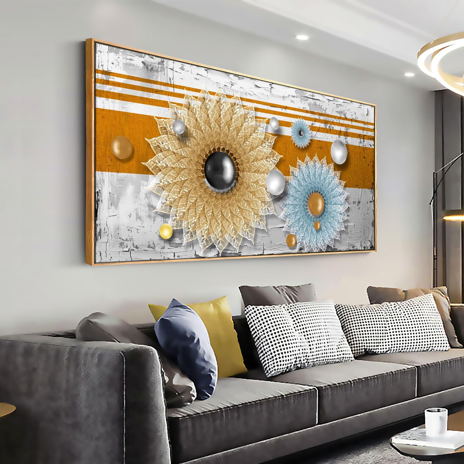 Solid wood frame abstract Wall Art Framed Ready to Hang Wall Art Modern artwork Fantasy Paintings 3D chrysanthemumabstract lines Wall Art Prints Canvas Painting 29'x58'Large Size for Liv ing Room Bedroom Office Decoration