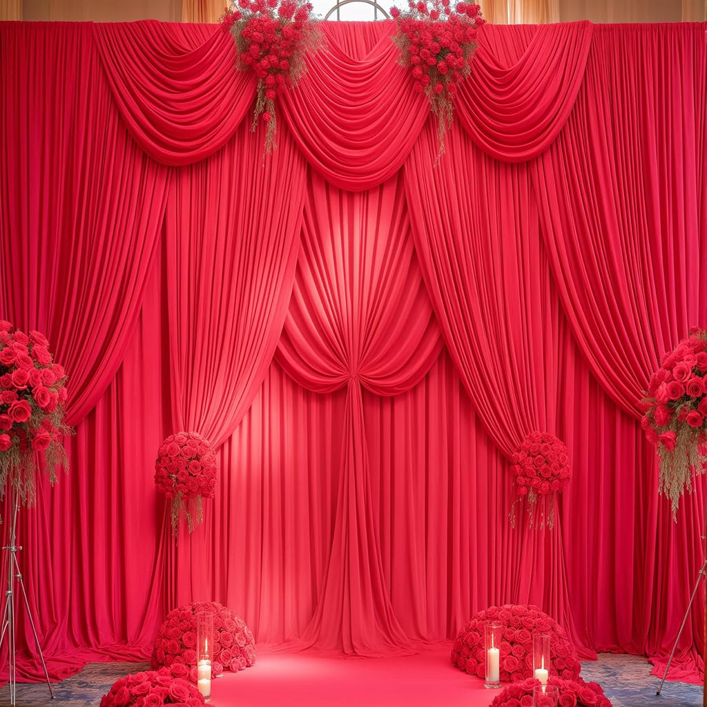 Red Backdrop Curtains 10 Panels-Wrinkle-Free Polyester Photography Drapes Party Photo Backgrounds for Wedding Christmas Photo Backdrops- 40 X10FT