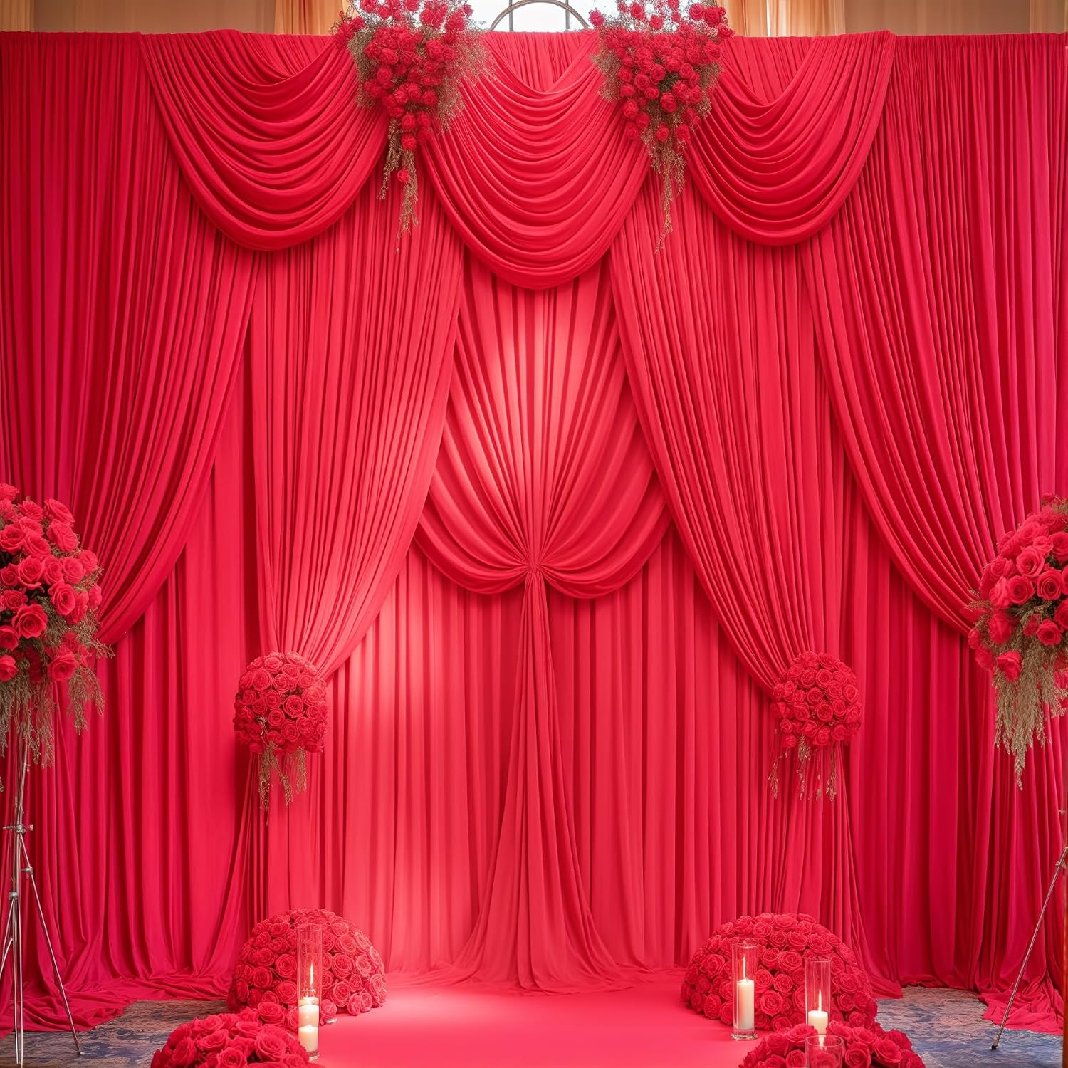 Red Backdrop Curtains 10 Panels-Wrinkle-Free Polyester Photography Drapes Party Photo Backgrounds for Wedding Christmas Photo Backdrops- 40 X10FT
