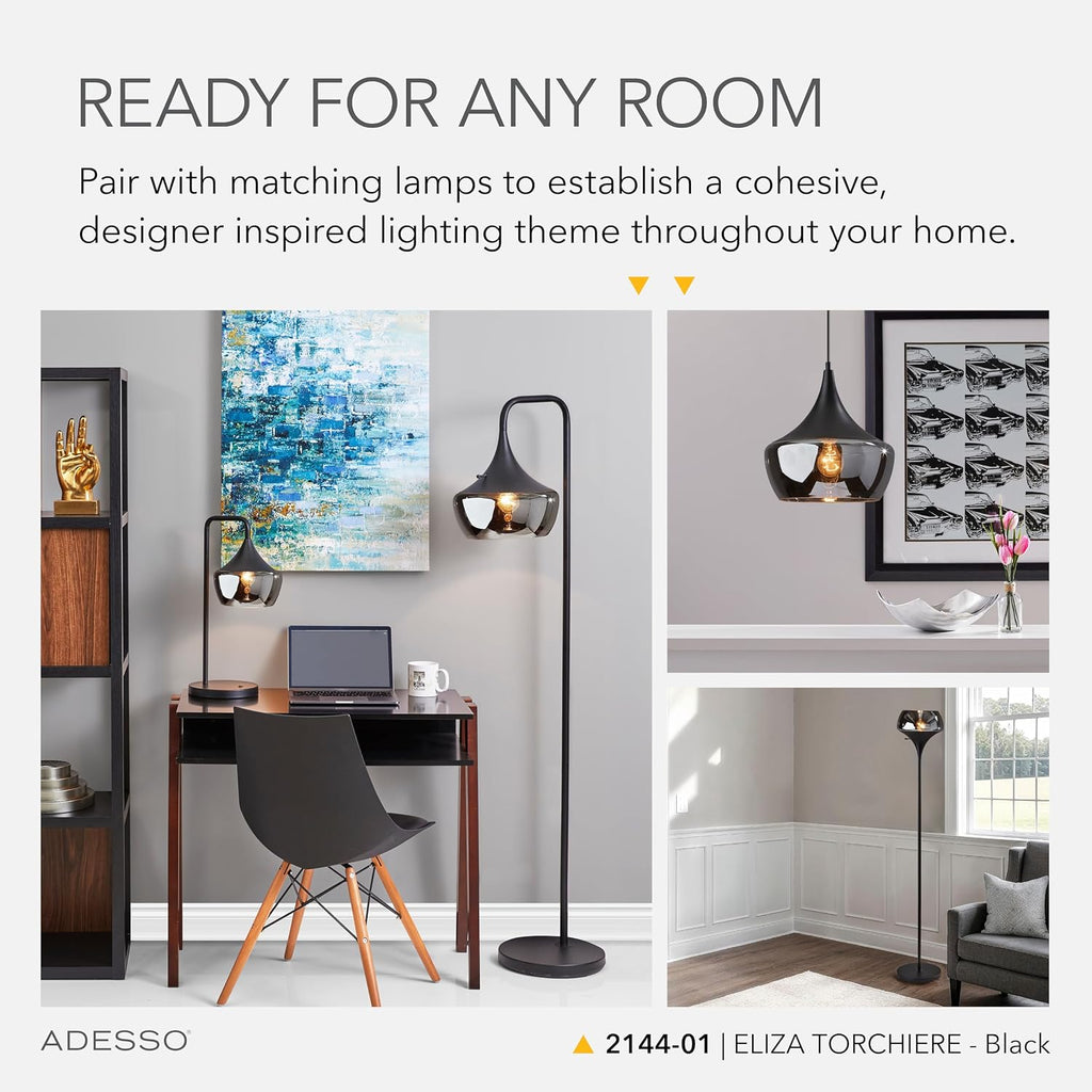 Adesso Black Torchiere Floor Lamp with Smoked Glass Dome Shade – 3-Way Adjustable Ambient Accent Lighting for Bedroom, Living Room or Home Office, 69.5' Tall