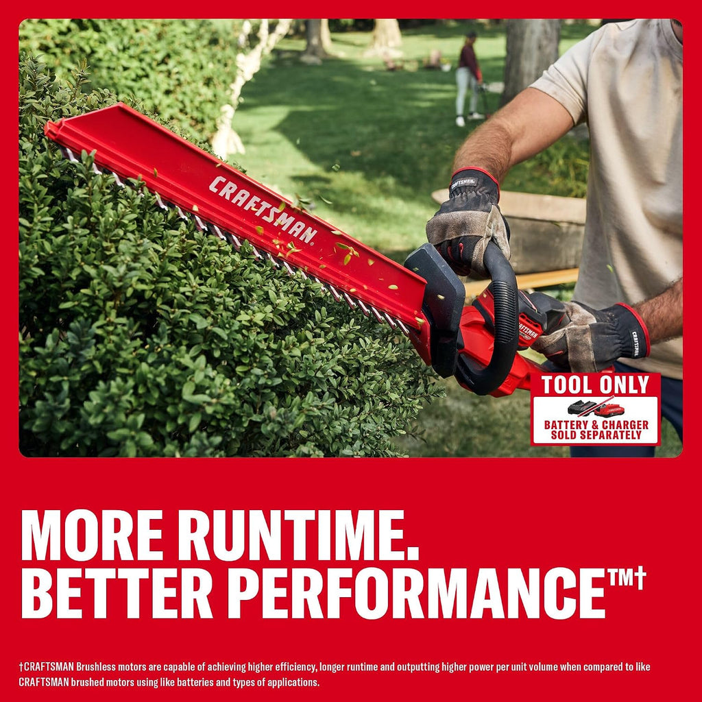 CRAFTSMAN V20 Brushless RP 22 in. Cordless Hedge Trimmer, Lightweight Bush Trimmer with Hedge Sweep Attachment, Up to 2X Power, Longer Runtime, Tool Only (CMCHT830B)