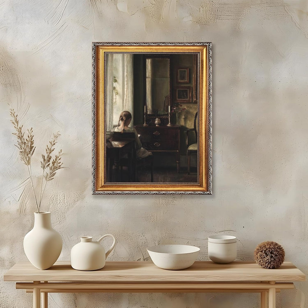 Large Framed Girl by Window Reading Book Canvas Wall Art Vintage European Feminine Booklish Oil Painting Poster Moody Musical Woman Artwork Print for Reading Nook Music Room Decor 24x36inch