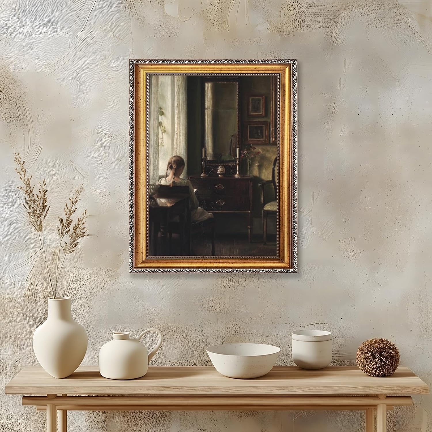 Large Framed Girl by Window Reading Book Canvas Wall Art Vintage European Feminine Booklish Oil Painting Poster Moody Musical Woman Artwork Print for Reading Nook Music Room Decor 24x36inch