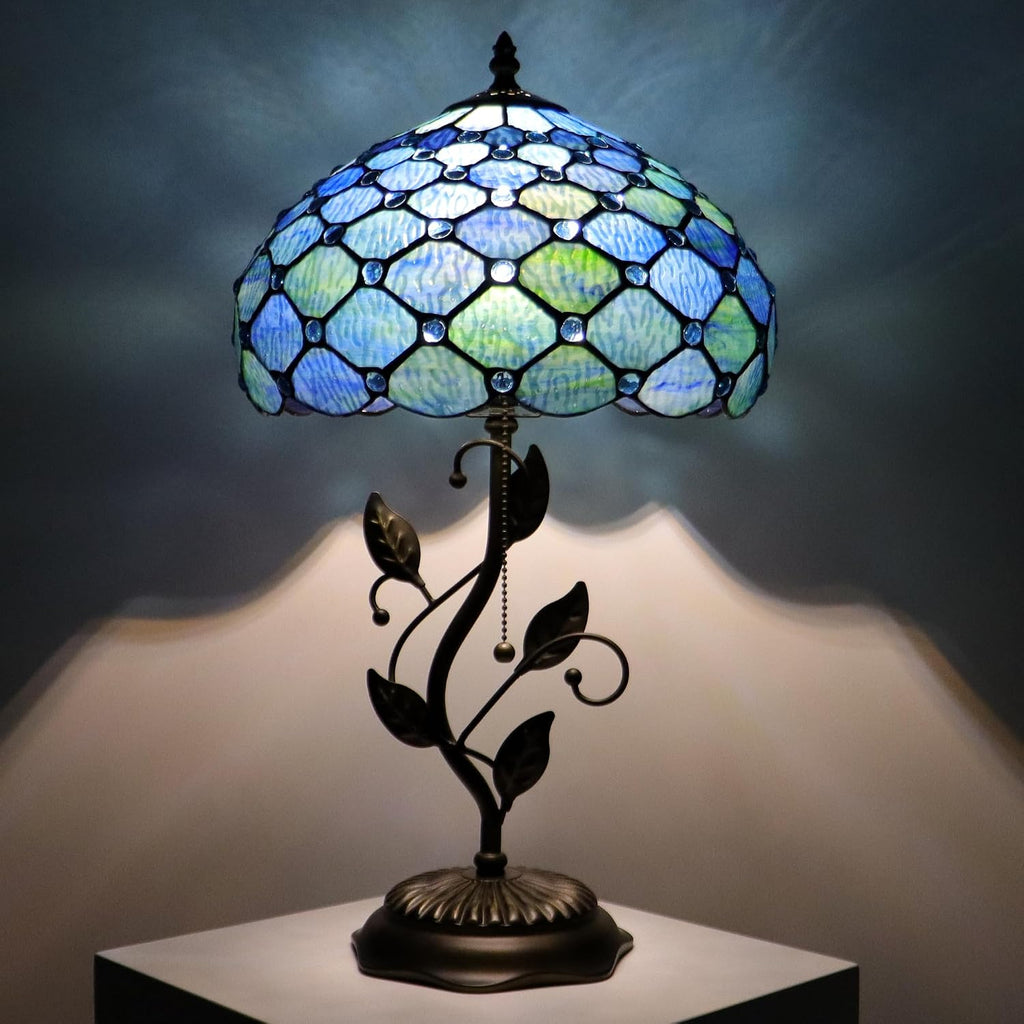 Tiffany Lamp Sea Blue Water Ripple Style Stained Glass Table Lamp Desk Bedside Reading Light 12X12X19 Inches with Metal Leaf Base