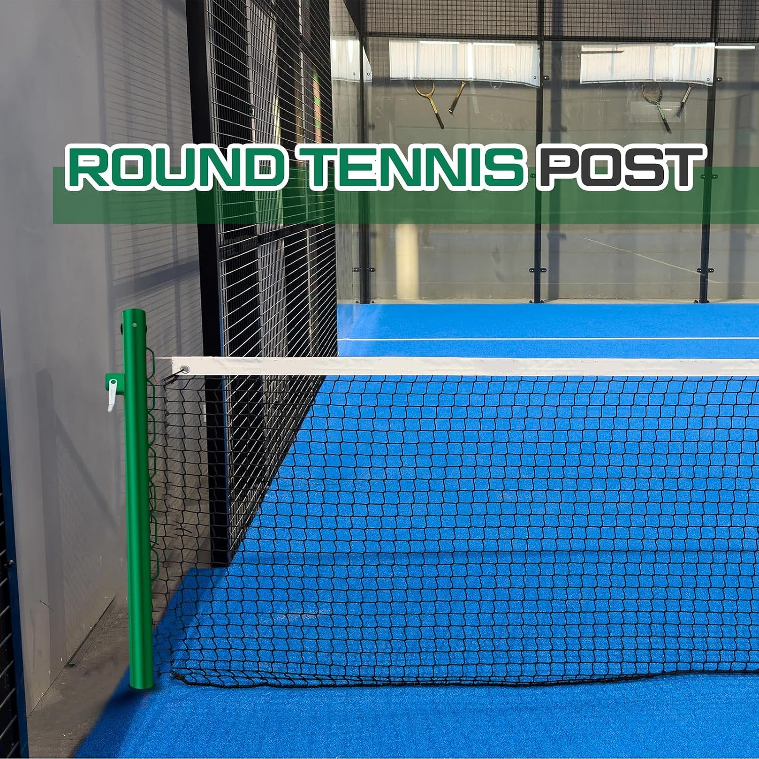 Tennis Posts with Net Crank Outdoor Heavy Duty Professional Green Tennis Permanent Court Kit for Net Quick Fixation System Equipped with a Cable Reel(Round,42 inches)