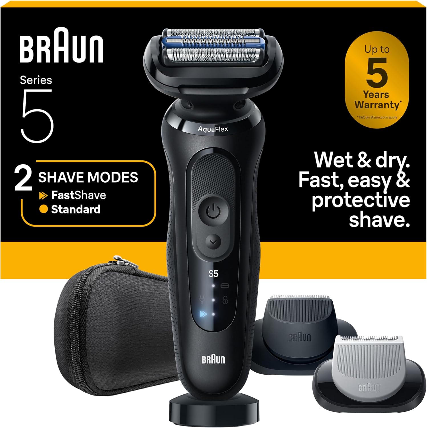 Braun Series 5 Electric Shaver for Men, Wet & Dry Foil Razor, Precision Trimmer Attachment, Body Groomer Attachment, Charging Stand, Travel Case, Black 5155cs