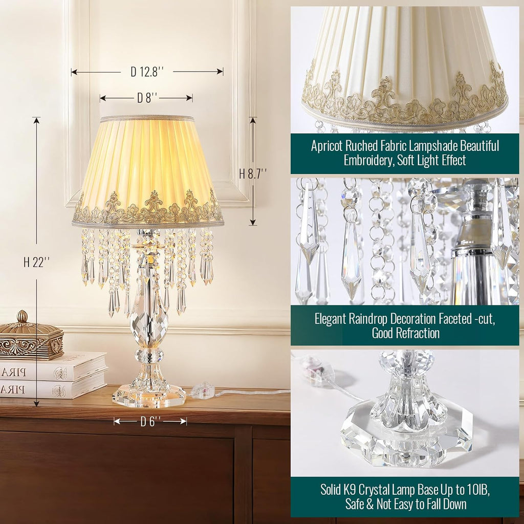 Siljoy Crystal Table Lamp Set of 2, 22.8'' Tall Modern Crystal Bedside Table Lamp, Farmhouse Dimmable Nightstand Lamp with Raindrop K9 Crystals for Living Room Dining Room Bedroom