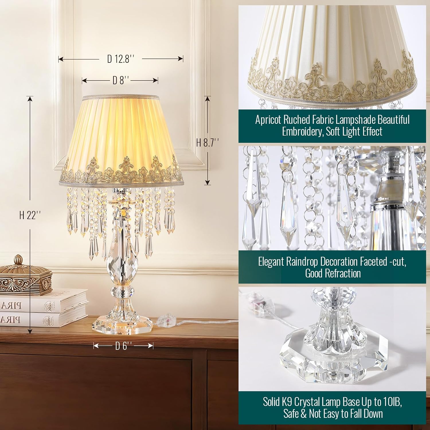 Siljoy Crystal Table Lamp Set of 2, 22.8'' Tall Modern Crystal Bedside Table Lamp, Farmhouse Dimmable Nightstand Lamp with Raindrop K9 Crystals for Living Room Dining Room Bedroom