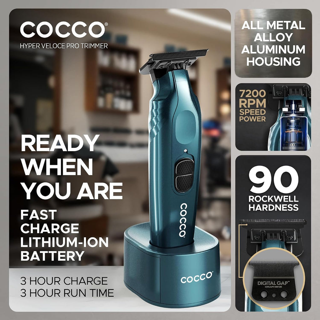 Cocco Hyper Veloce Pro Trimmer, Digital Gap Graphene Blade Edger, High-Torque Brushless BLDC Motor, Cordless, All-Metal Design, Lithium-Ion Battery, Charging Base Included
