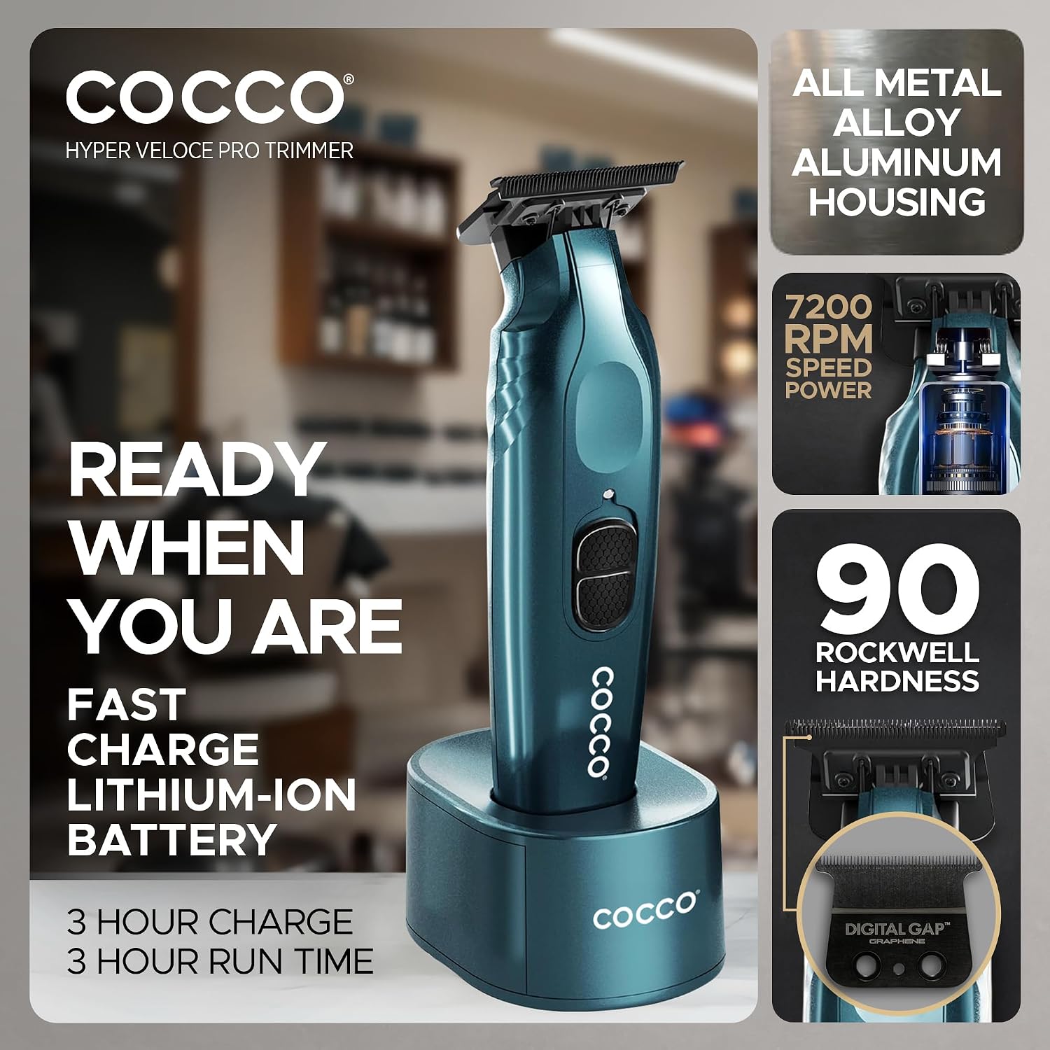 Cocco Hyper Veloce Pro Trimmer, Digital Gap Graphene Blade Edger, High-Torque Brushless BLDC Motor, Cordless, All-Metal Design, Lithium-Ion Battery, Charging Base Included
