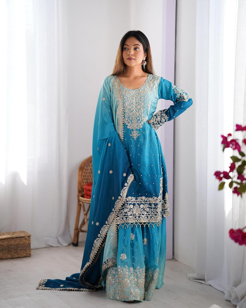 Indian Women's Chinon Silk Fabric Coding Dori Sequence with Rivet Moti Work ShararaSuit 13142