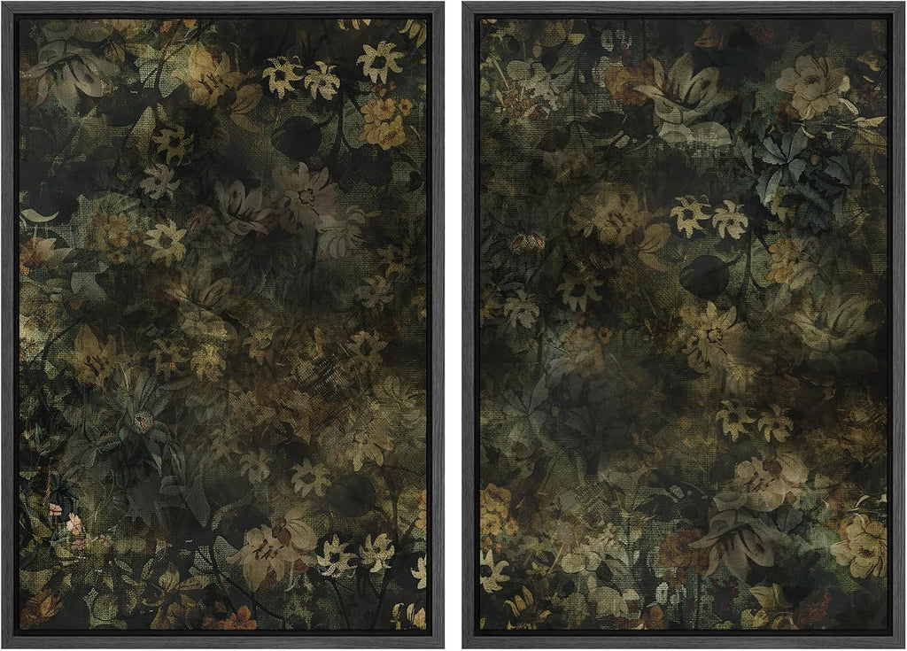 SIGNWIN Framed Canvas Print Wall Art Set Botanical Shadows Dark Floral Illustrations Modern Art Rustic Relax/Calm for Living Room, Bedroom, Office - 24'x36'x2 Black