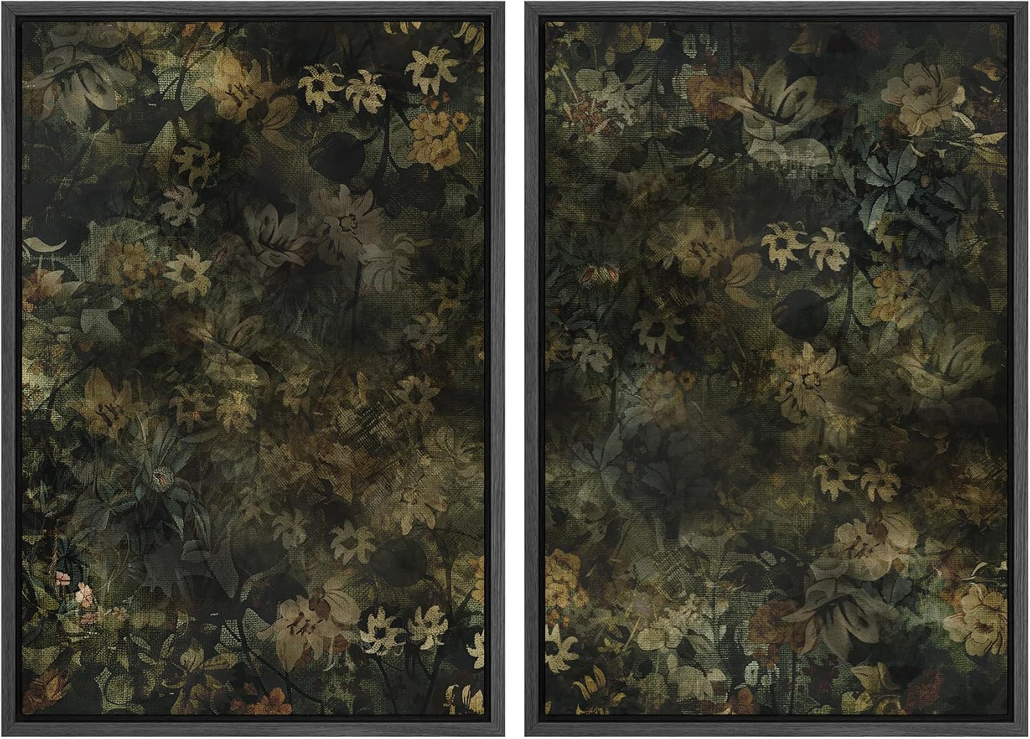 SIGNWIN Framed Canvas Print Wall Art Set Botanical Shadows Dark Floral Illustrations Modern Art Rustic Relax/Calm for Living Room, Bedroom, Office - 24'x36'x2 Black